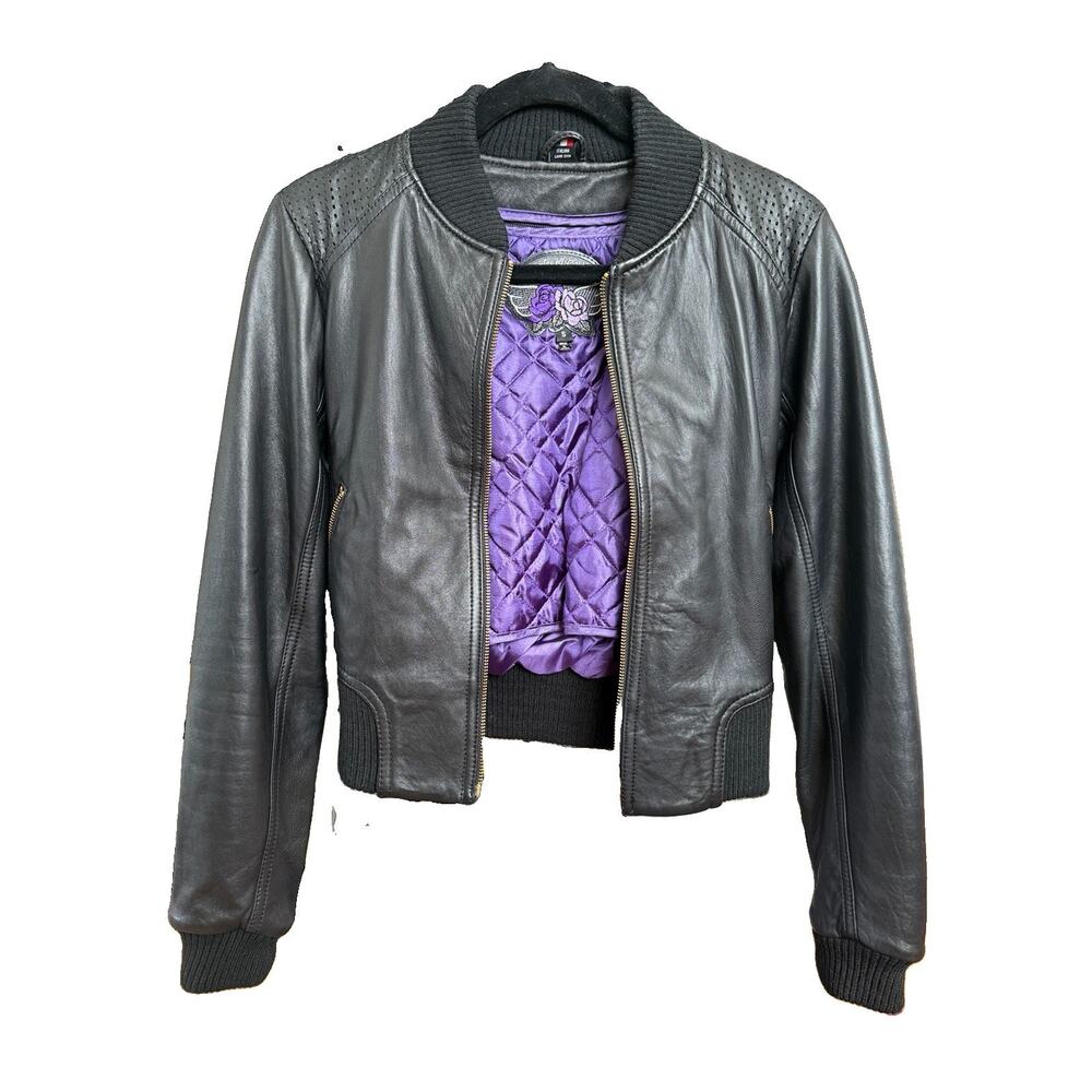 Y2K Knoles & Carter Italian Lambskin Leather Cropped Bomber Jacket S Black